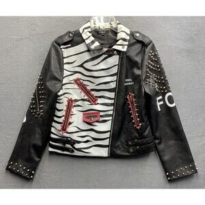 For Her Moto Leather Zebra Printed Jacket 81769 Studded Biker Pockets Large